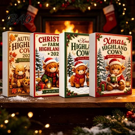 Decorative Tabletop Display 2026 Highland Cow Advent Calendar, 24 Day Christmas Countdown Calendar with 2D Acrylic Collectible Durable Hanging Pieces