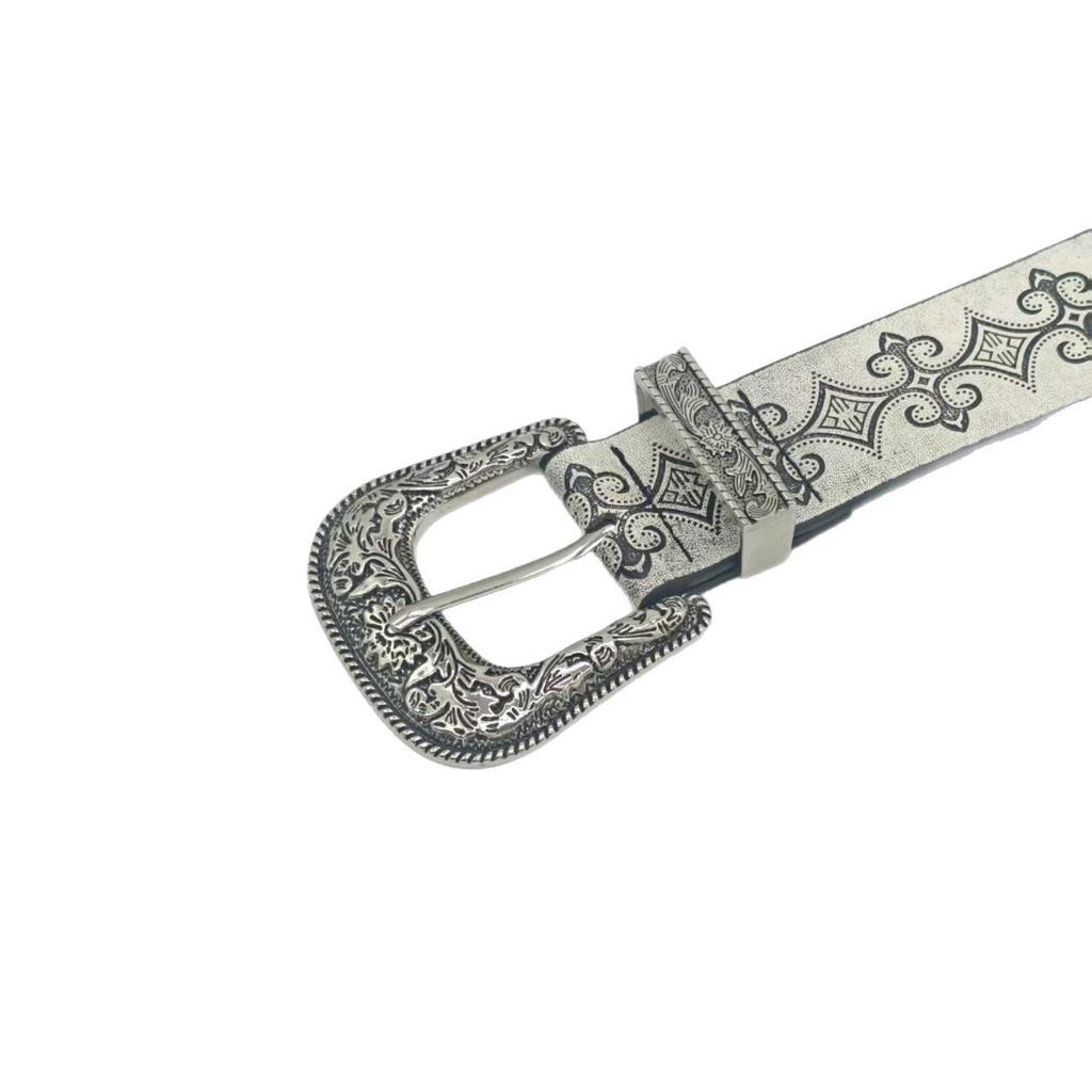 Distressed Y2K-Style Totem-Embossed Leather Belt