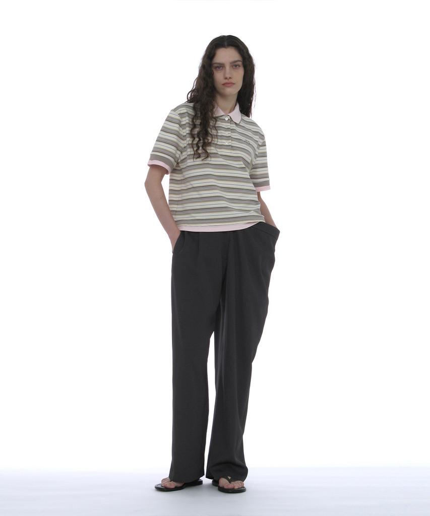 PARTIMENTO WOMEN Double Layered Stripe Polo Tee_Beige