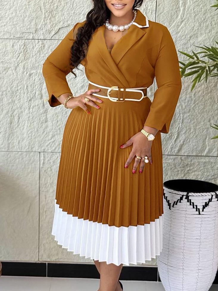 D3352 Autumn/Winter European and American Women's Solid Color Long Sleeve Pleated A-line Dress