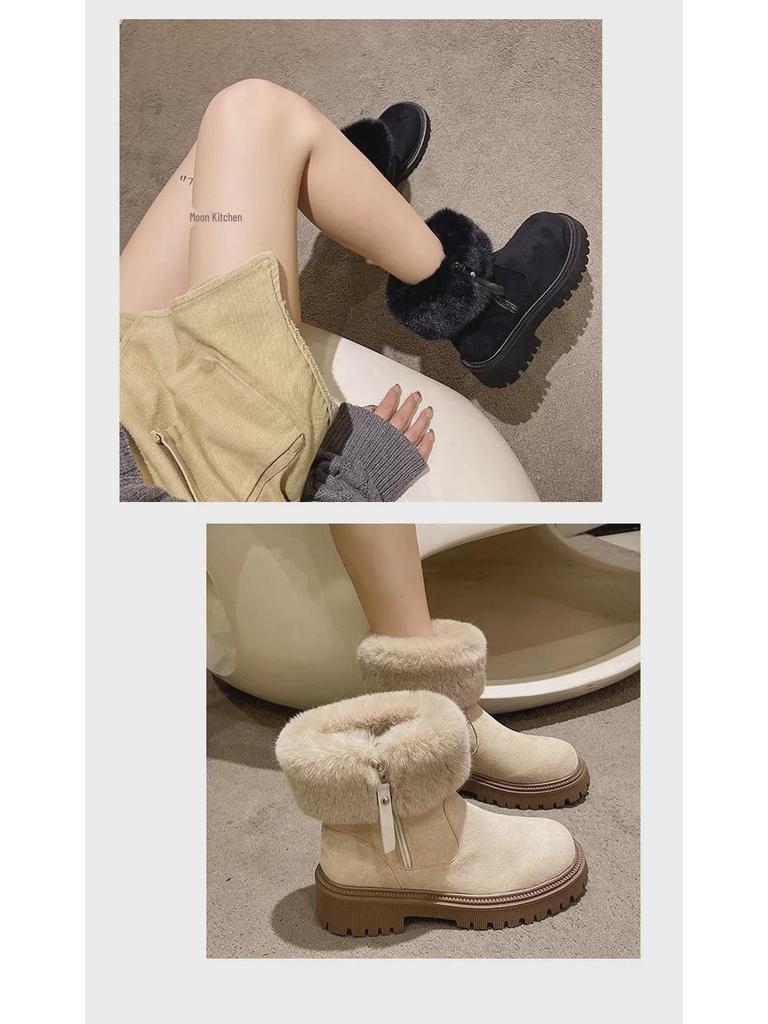 Women's Furry Snow Boots with Side Zipper and Thick Sole