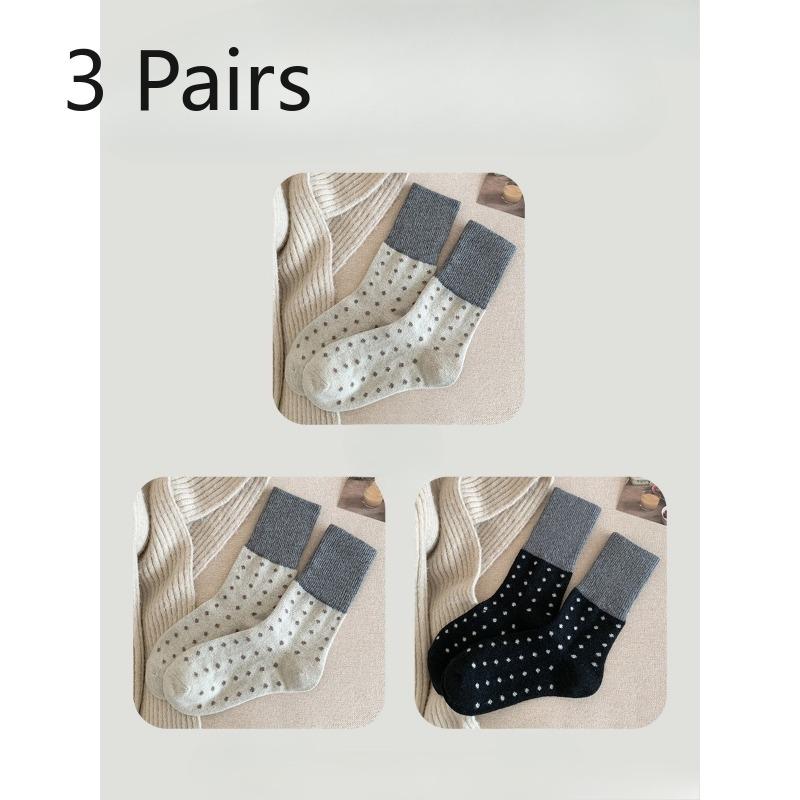 3 Pairs of  Female Autumn and Winter Thickened Warm Retro Splicing Color Polka Dot Wool Tube Socks