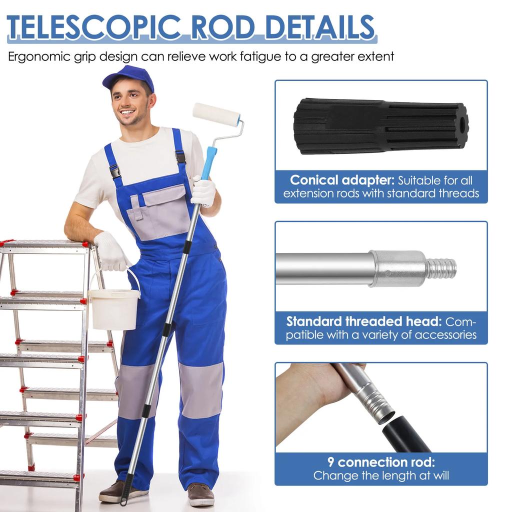 10.83ft Paint Roller Extension Pole with Tapered Adapter 9 Segmented Lightweight Stainless Steel Extension Pole for Mop Handle
