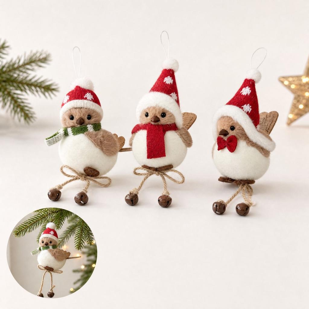 Lifelike Bird Christmas Tree Ornament with Red Hat and Scarf - Cute Hanging Holiday Decoration