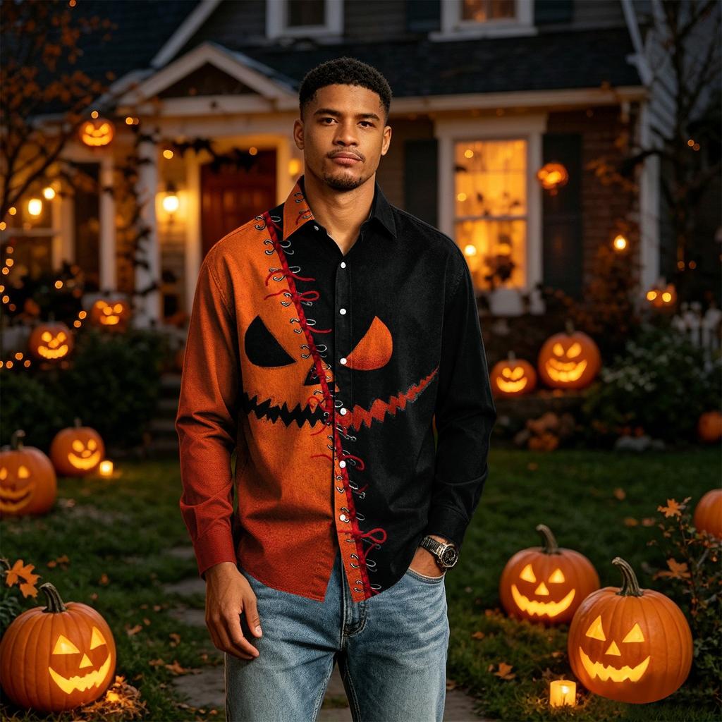 Men's Long Sleeve Button Down Halloween Print Shirt