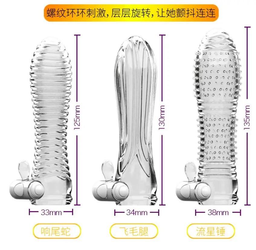 Available Vibrating Penis Sleeve Reusable Crystal Condom Cock Extender Vibrating Ring Sex Toy for Men Adult Sex Products
