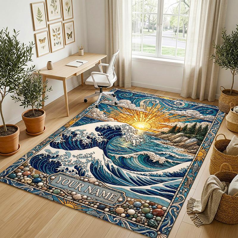 Ocean Waves Theme Soft Crystal Velvet Rug Custom Name & Text Print Non Slip Floor Rug for Bedroom Living Room