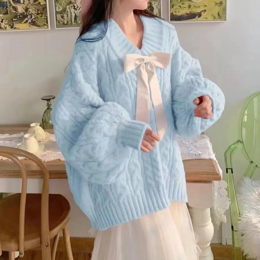 Autunno Inverno Donna Vestiti Donna Largo Scollo a V Fiocco Manica Lunga Maglione Pullover Dolce Caldo Maglia Femminile Top