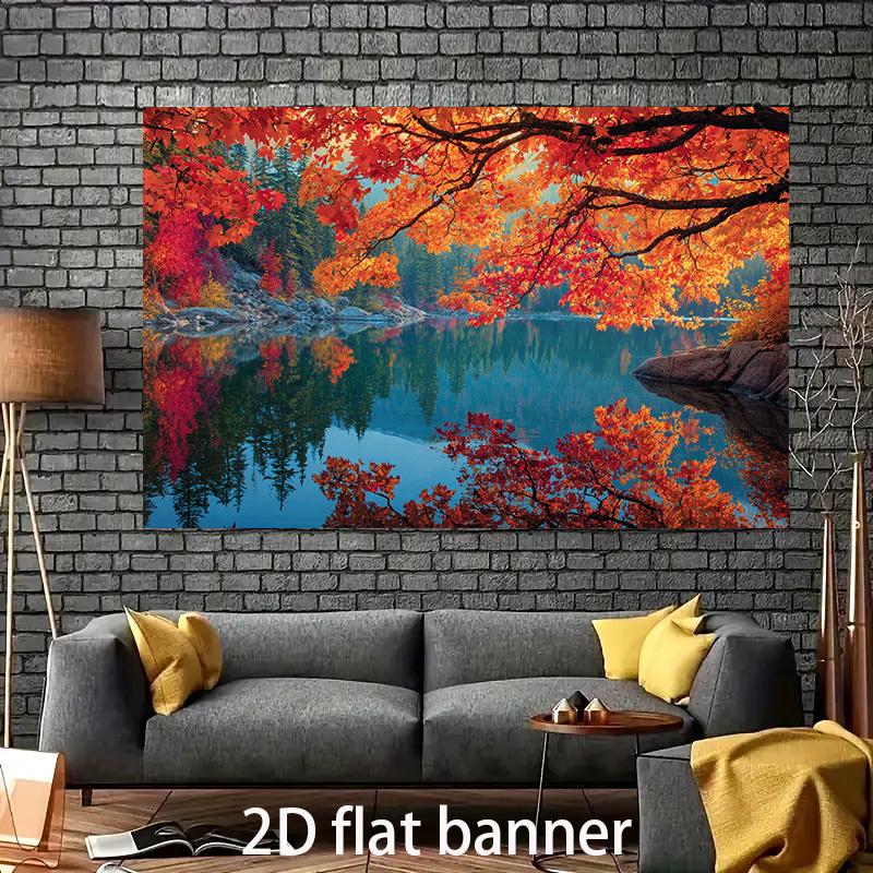 2D Plane, 1 Piece of Autumn Forest Lake Fallen Leaves - Red, Pumpkin and Violet