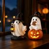 Dekorative Innenleuchte, beleuchtete Halloween-Geisterfigur, gruselige Harzhexe auf Kürbis/mit Laterne, Schreibtisch-Dekoration Statue mit LED für Bücherregal