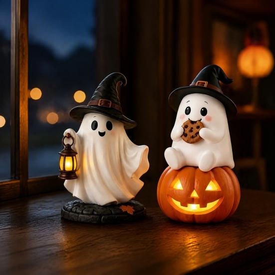 Indoor Decorative Light Lighted Halloween Ghost Figurine, Spooky Resin Witch on Pumpkin/Holding Lantern Desktop Ornament Statue with LED for Bookshelf