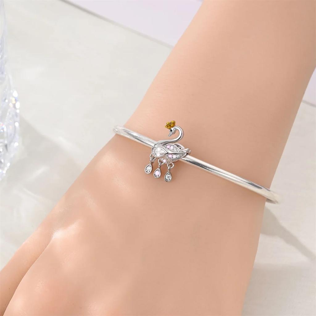 Copper Pink Heart Zircon Sparkling Swan Bead Dangle Bow Charm Fit Bracelet Women Diy Jewelry Gift Valentine'S Day