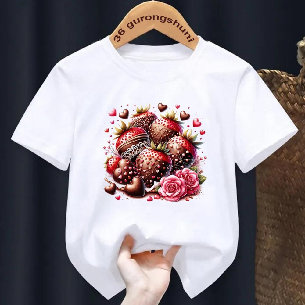 Erdbeerkuchen-Print T-Shirt Kinder Sommermode Kinder Cartoon T-Shirt Rundhals Kurzarm Mädchen T-Shirt Tops 1-14 Jahre
