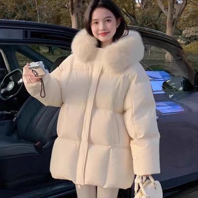 Women's Hooded Short Puffer Coat Faux Fur Collar Quilted Loose Fit Zipper Button Closure Solid Color Winter Warm Cotton Padded Jacket Outerwear