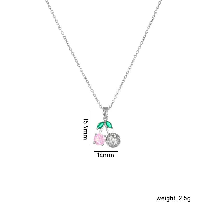 Colorful Zircon Cherry Pendant Necklaces for Women Girls Stainless Steel Trendy Romantic Jewelry Accessories Gifts