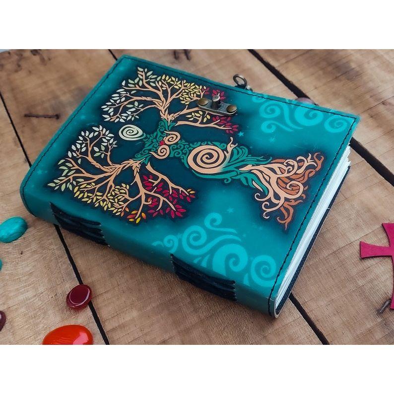 Blank Spell Book of Shadows Journal with Lock Clasp Handmade Leather Diary Printed Mother Earth Prayer Pagan Witchcraft notebook