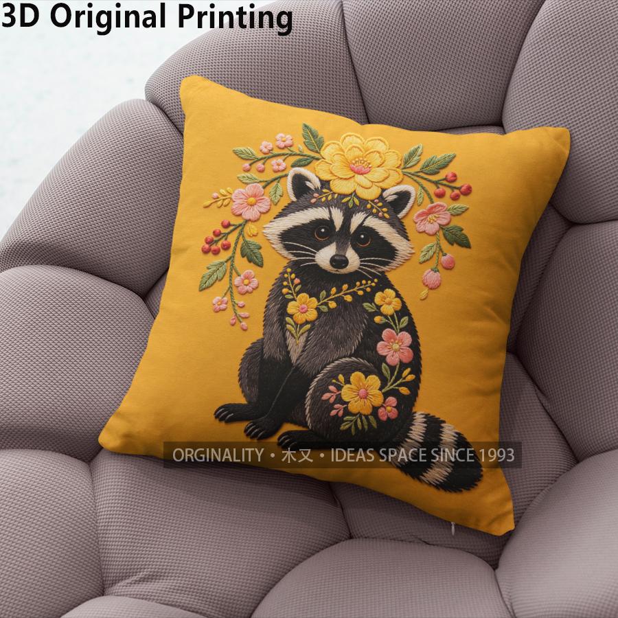 Floral Raccoon Embroidery Style Throw Pillow Covers Pattern Cushion Cover Suitable For Sofa Bedroom Car Pillow Cover