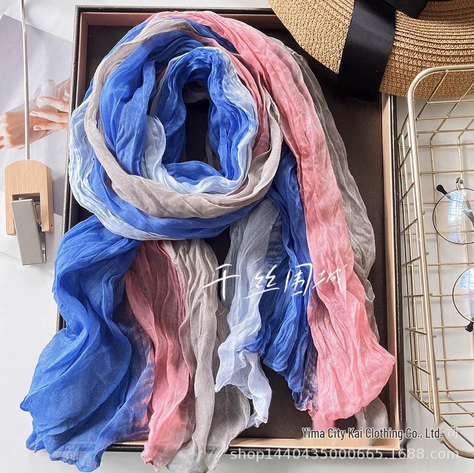 Sciarpa da Donna Blu Sfumato Effetto Cotone e Lino – Retro, Versatile, Lunga Stola Pieghettata per Autunno/Inverno.