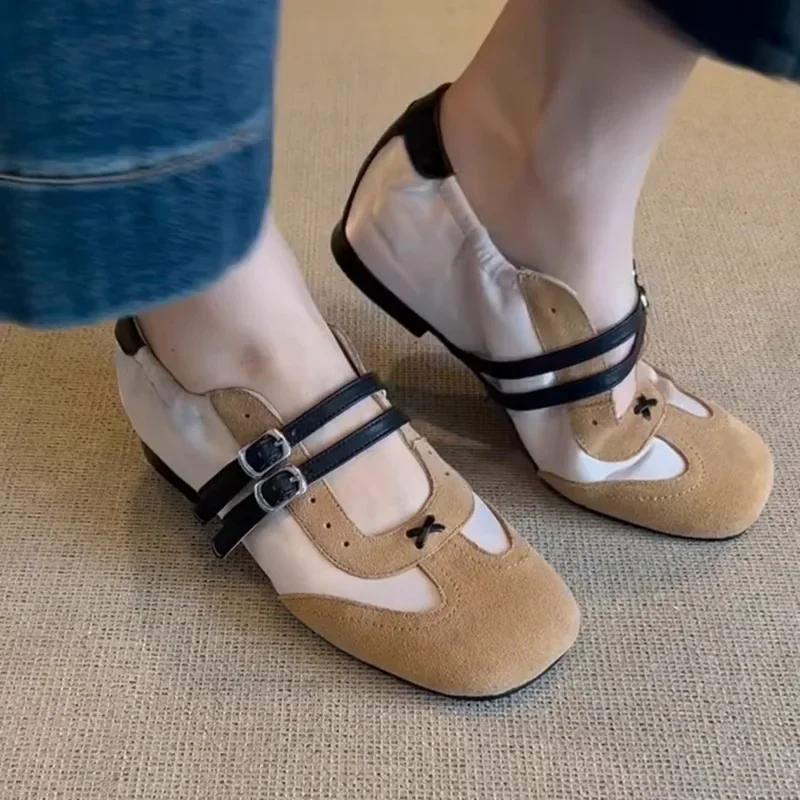 Fashion Leather Version~ Niche Design Sport Ballet Shoes Heightening Double Row Button Mary Janes Color Block Matte Single Shoes