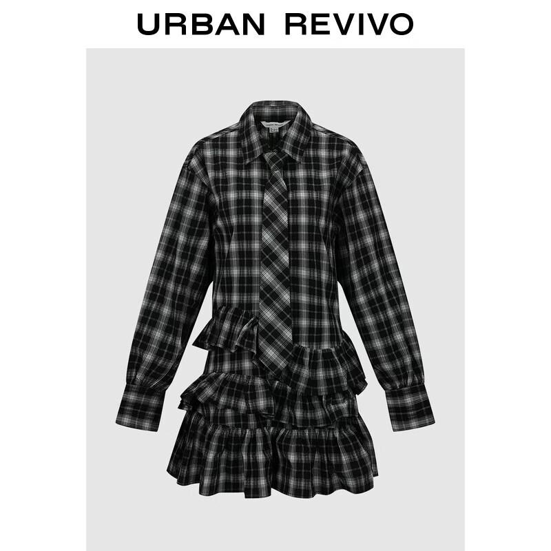 

UR Women s Plaid Lapel Ruffle A-Line Dress M