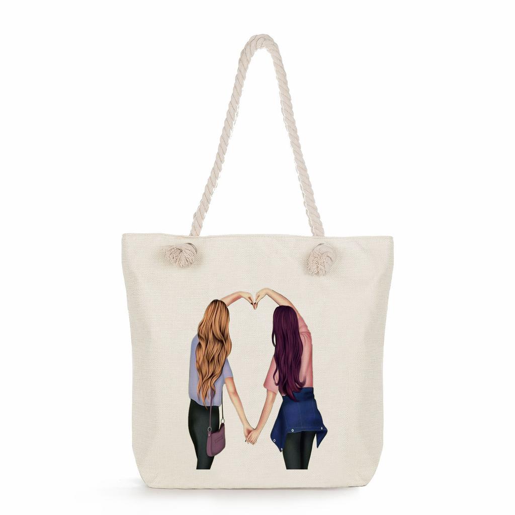 Sisters Print Thick Rope Single-shoulder Beach Bag 7275 CLE
