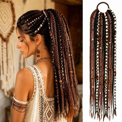 Extension de Queue de Cheval Tressée Légère Accents Perles Tresse Boho Dreadlock Extension de Cheveux Style Quotidien