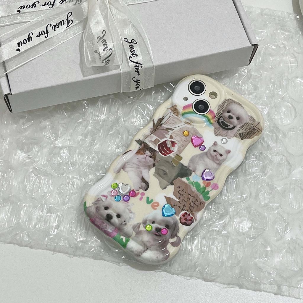 Ins Diy 3d Blingbling Crystal Relif Cartoon Dog Retro Cat Label Cover For Iphone 13 14 Pro Max 12 11 Promax Imd Wavy Phone Case