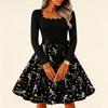 Women's Vintage Long Sleeve Square Neck Dress Halloween Skeleton Print Party Dress Retro Style Full Skirt with Waist Tie Belt
