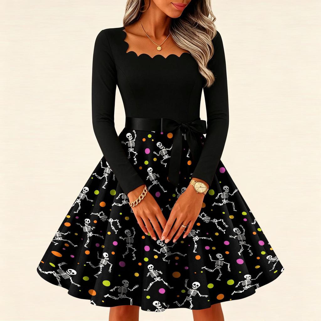Women's Vintage Long Sleeve Square Neck Dress Halloween Skeleton Print Party Dress Retro Style Full Skirt with Waist Tie Belt