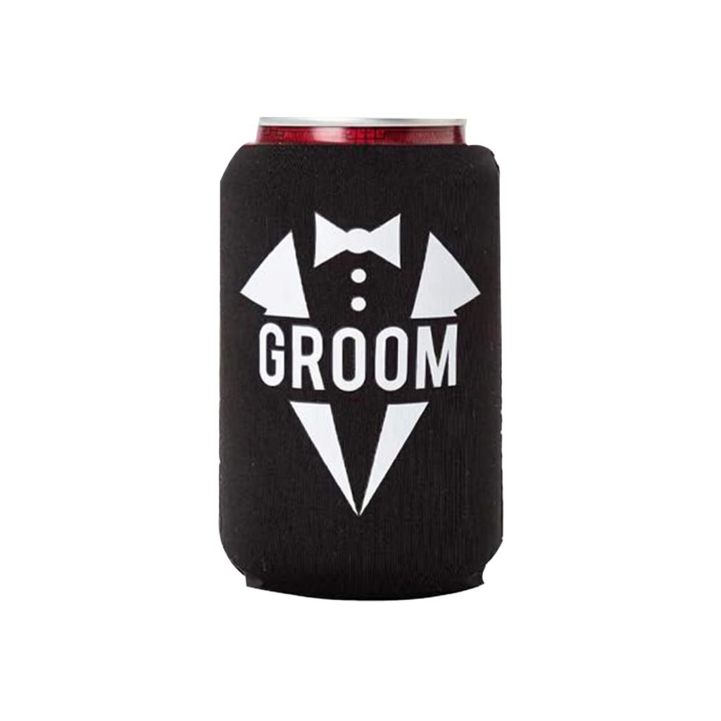 Party Drink Can Cooler Sleeve Insulated Beverage Holder for Standard 12oz Cans with Groom Print Design Suitable for Weddings and Events