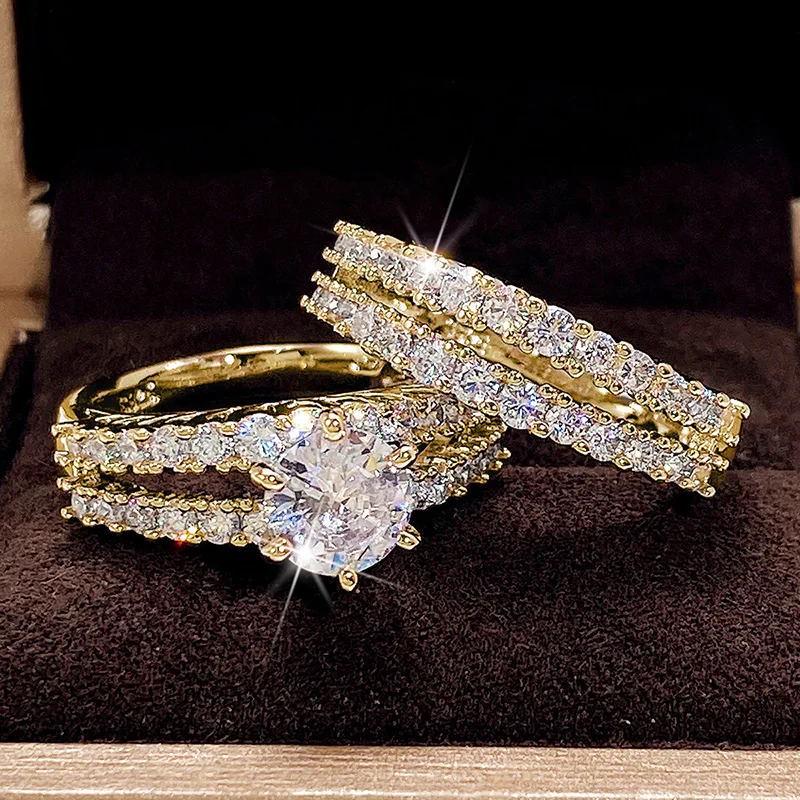 Cao Shi Double Layer Zircon Engagement & Wedding Ring Set for Women - European & American Style Diamond Bridal Jewelry
