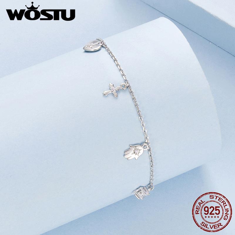 WOSTU 925 Sterling Silver Hamsa Hand of Fatima Cross Charm Bracelets ,Women Hexagram Zircon Chain Link Women Holiday Lucky Gift