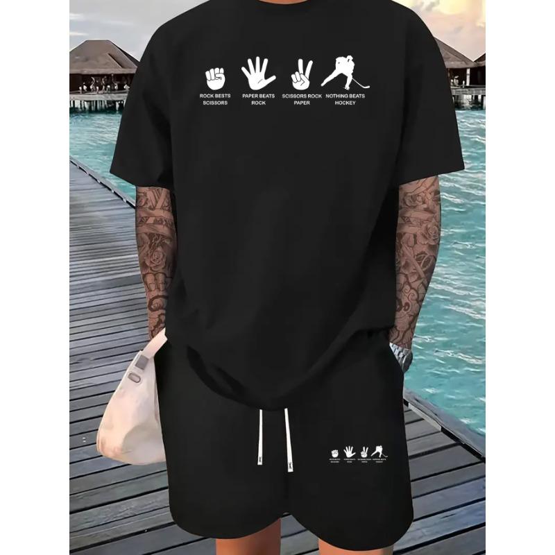 European Size Ice Hockey And Hand Humorous Graphic Print Men'S Short-Sleeved T-Shirt And Waist Casual Sports Regular Top ,Spring And Summer g