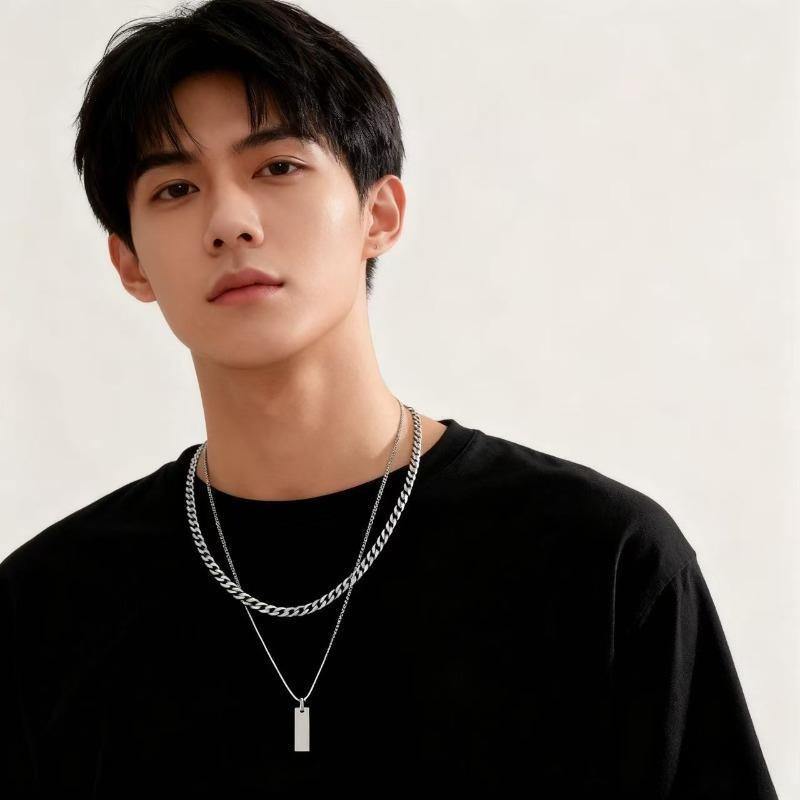 2-teiliges Herren-Layering-Halskettenset - Minimalistischer rechteckiger Anhänger & Schlüsselbeinkette, Ideales Geschenk für Weihnachten/Neujahr