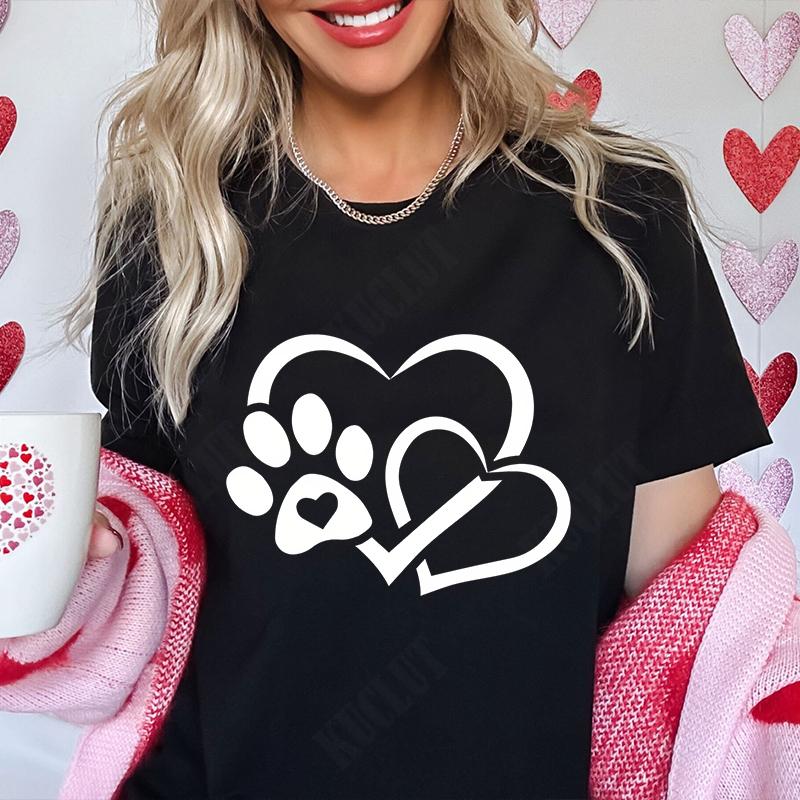 Funny Heart  Dog Paw Print Women Tshirts Fashion Summer Ladies Tshirts Short Sleeves Clothes Love Heart Fashion Casual Shirts