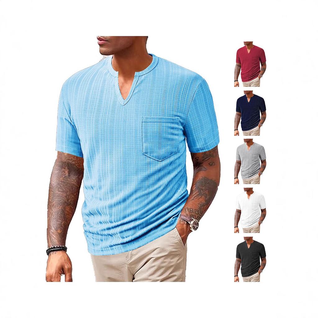 Fashion Year Men's Clothing, European and American Summer New Sports and Leisure Loose Solid Color Full Polyester Imitation Hemp V-neck Men's Short Sl