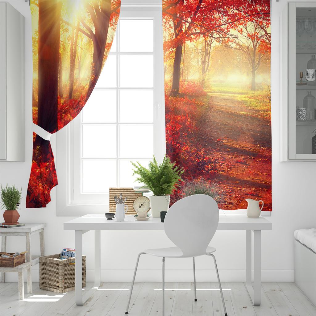 Autumn Maple Leaves Sun Golden Forest Window Curtains Scenic Curtains for Living Room Decorative Items Living Room