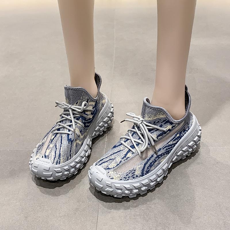 Spring/Autumn New Round Head Thick Sole Increase Shock Absorption Vulcanized Shoes Mesh Surface Breathable Fresh Walking Shoes