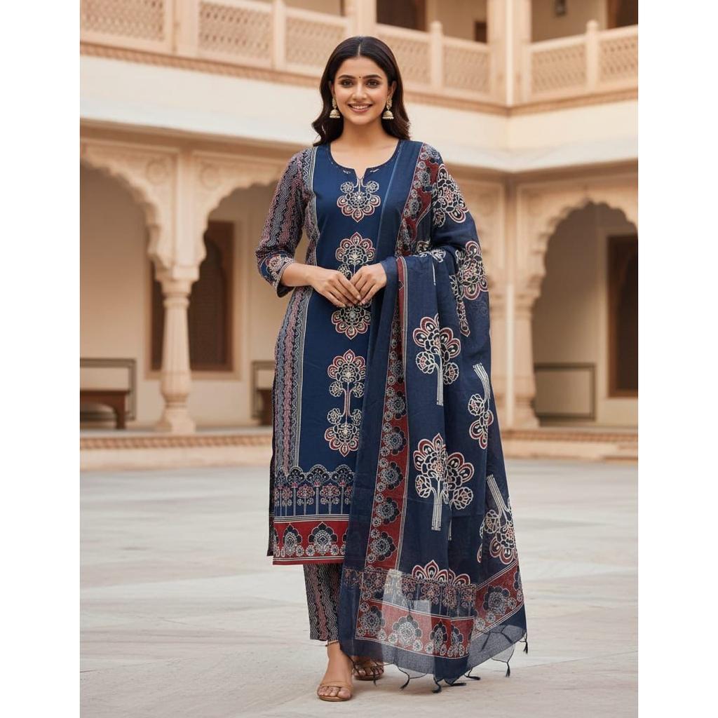 Indian Pakistani Cotton Salwar Suit Women's Ethnic Kurta Pant Dupatta Set Dress