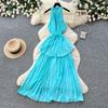 Pure Desire Style Red Neck Strap Pleated Dress Women's Summer Waist Thin Cake Skirt Vacation Style Long Dress