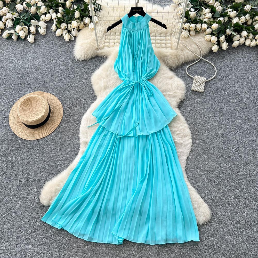 Pure Desire Style Red Neck Strap Pleated Dress Women's Summer Waist Thin Cake Skirt Vacation Style Long Dress