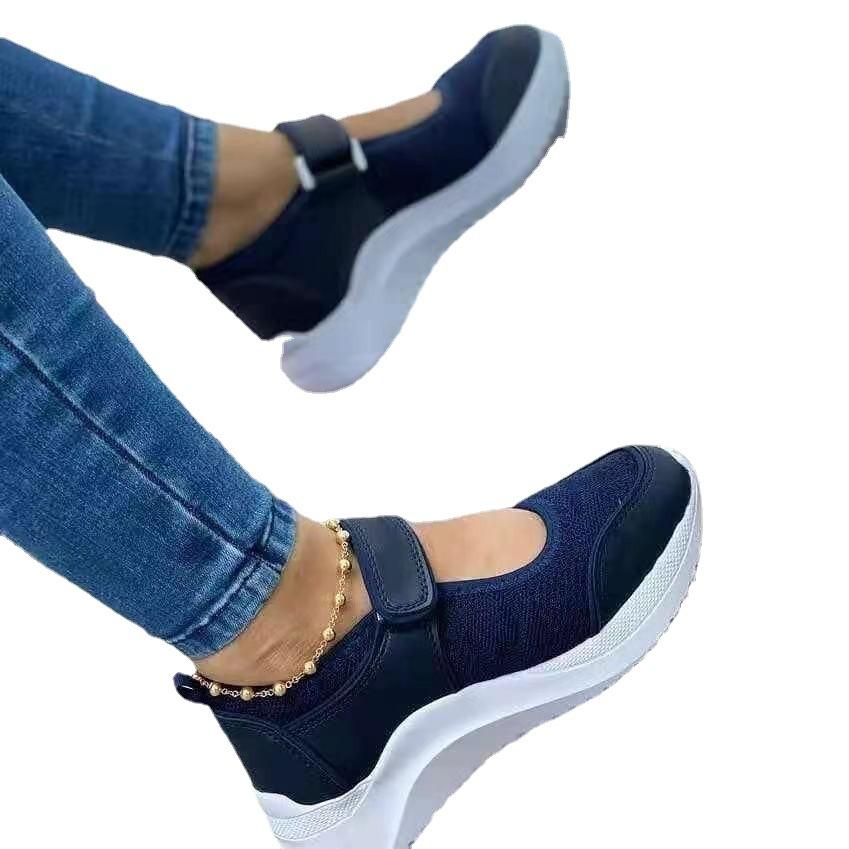 Spring and Autumn Casual Sports Single Shoes Women's Flat Bottom Thick Bottom Velcro Solid Color Flying Weaving