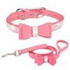 Bling Rhinestone Bow Dog Collar Leash Set Faux Leather Metal Buckle Small Medium Dogs