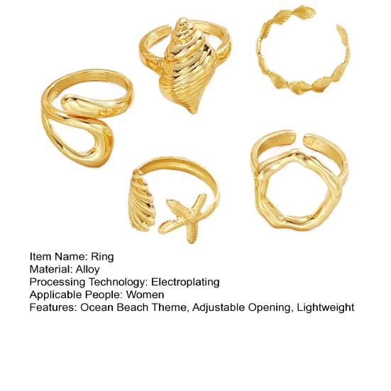 5Pcs Ocean Beach Ring Men Women Golden Starfish Shell Sea Snail Finger Ring Adjustable Opening Alloy Coastal Ring Fashion Jewelry