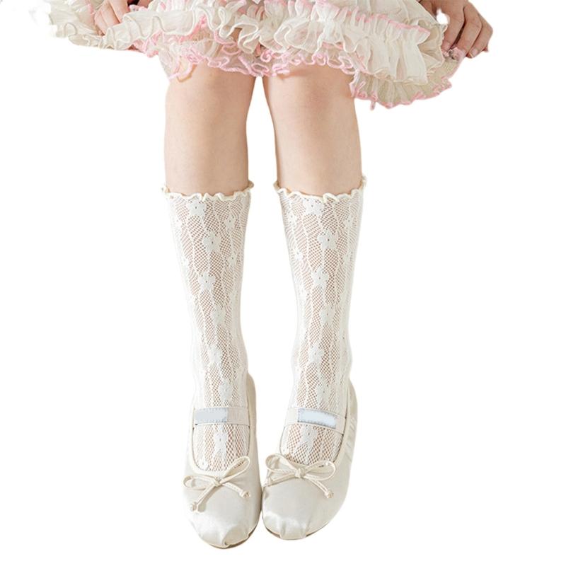 

1 Pair Children s Socks Spring/Summer Thin Hollowed Out Flower Mesh Socks Sweet Girls Stackable Stocking бежевий