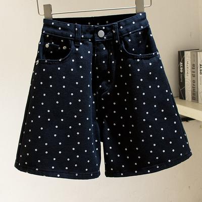 Shorts de Mezclilla con Lunares Negros para Mujer en Verano Nuevos Calientes Chicas Cintura Alta Adelgazantes Versátiles Talla Grande Pantalones Rectos de Pierna Ancha
