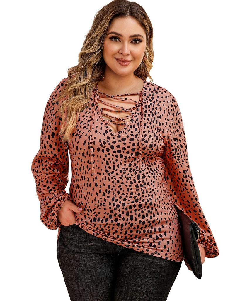 Azura Exchange Puff Sleeve V Neck Leopard Lace-up Top