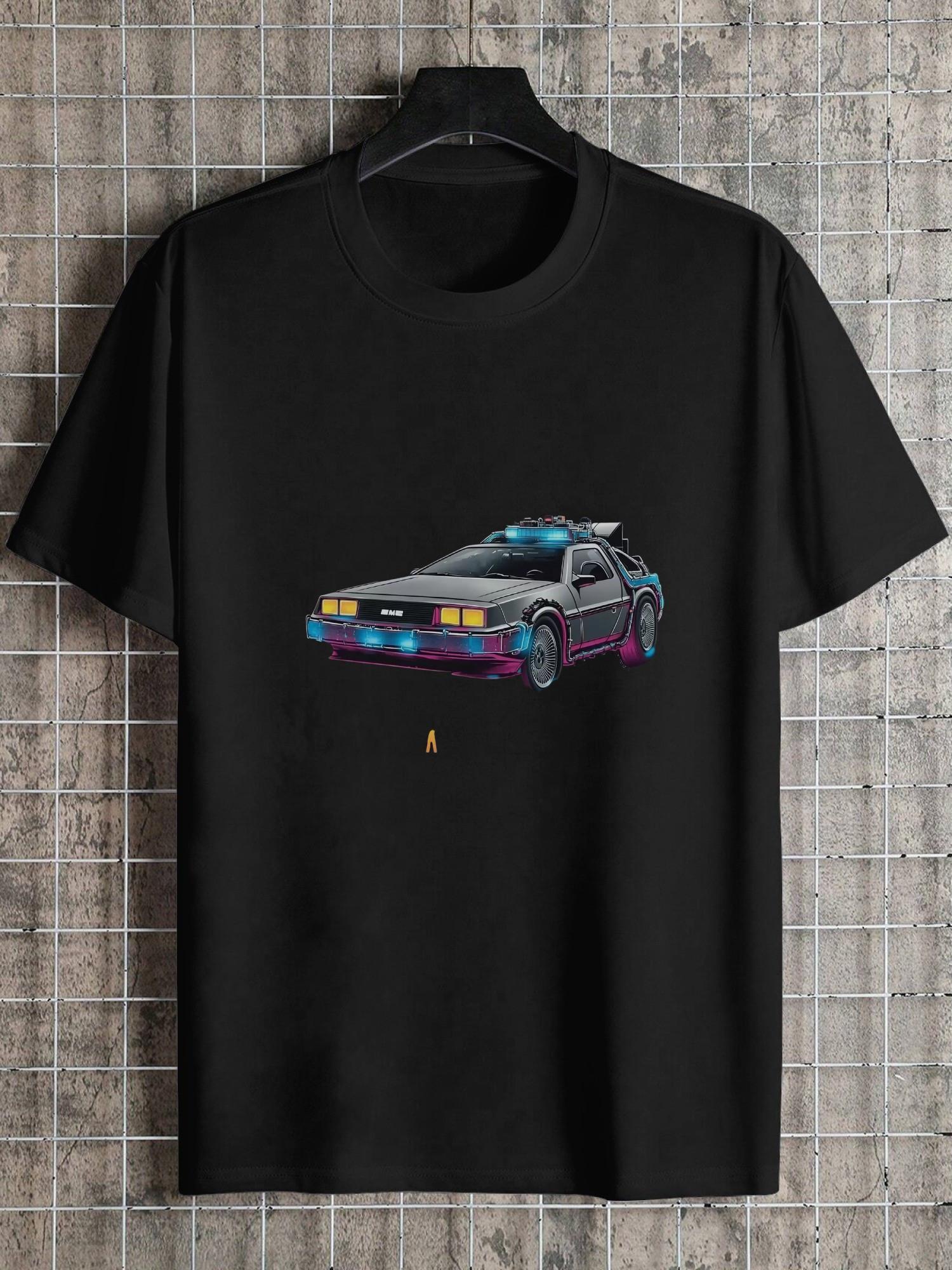 1pc Back to the Future Retro 80s Graphic T-shirt - Black 180g Cotton Crew Neck Short Sleeve Tee with Single-Sided DeLorean Time Machine Print XXXL