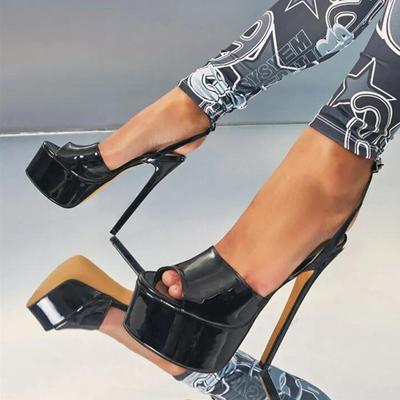 Liyke Sommer Plateau Sandalen Damen Schwarz Lackleder Peep Toe Schnalle Riemen Super Sexy High Heels Pole Dance Schuhe Stiletto