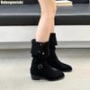 2025 New Winter Thick Heel Boots Women Western Cowboy Pointed Toe Black/khaki Suede Knee-High Boots Turned-Over Edge Boots